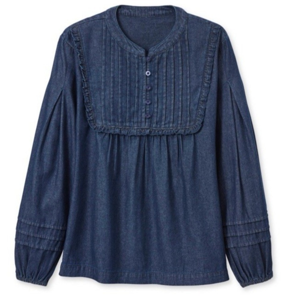 Country Store Womens XL Denim Shirt Ruffle Trim Pleated Peasant Boho Top Western